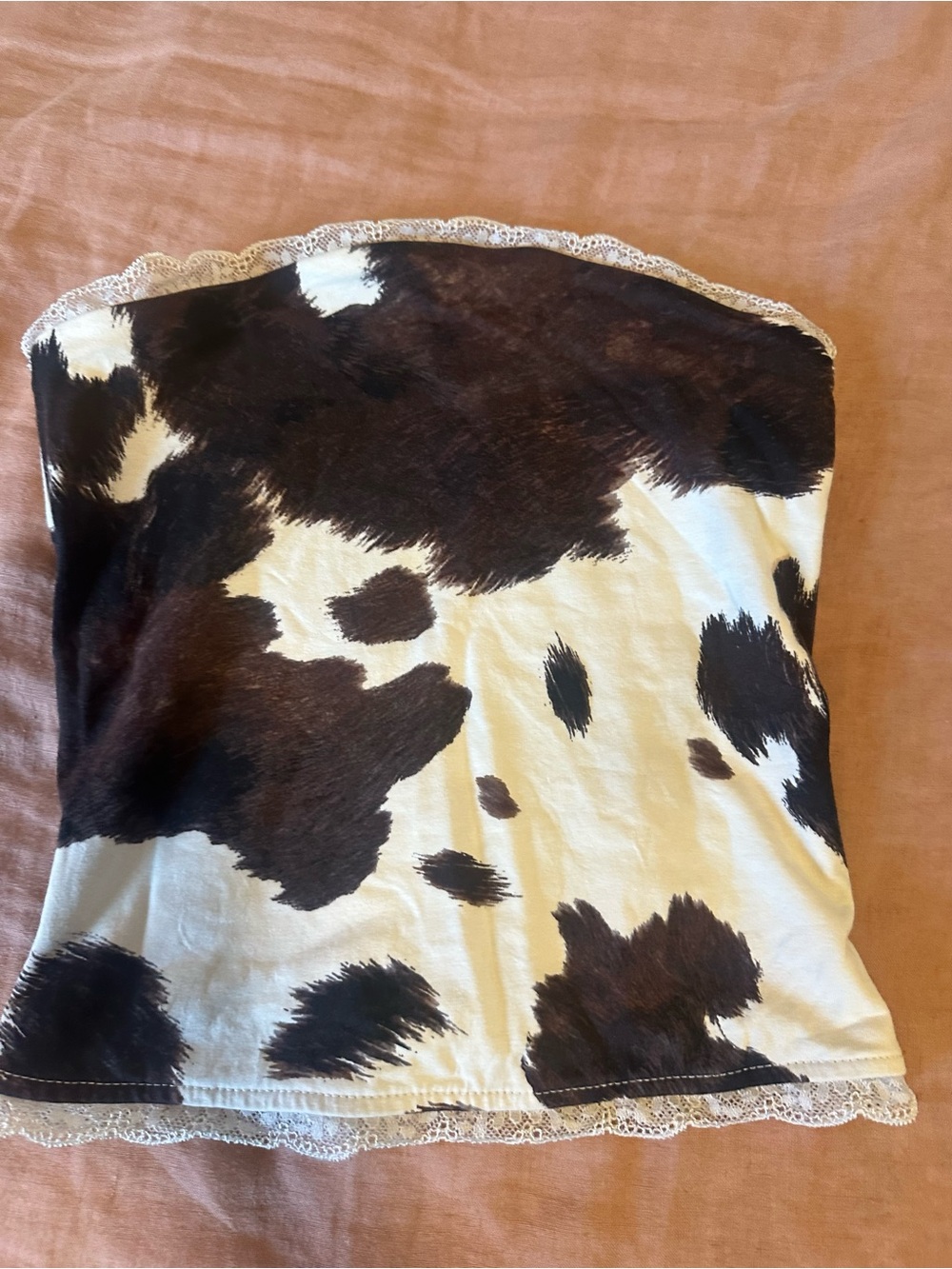 Cow Print Strapless Tube Top, crop top with Lace Trim - Brown & White